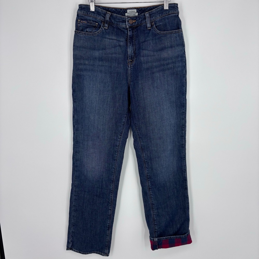 L.L. Bean Classic Fit Flannel Lined Straight Leg Jeans Womens 10 Reg Dark Wash - Picture 1 of 10